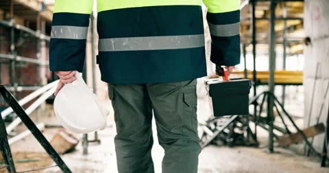 Man, hands and walk on construction site with toolbox, helmet or safety Stock Footage 337015791
