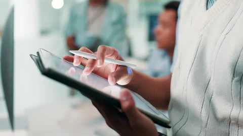 Man, hands and web designer writing with tablet for UI testing, UX or app Stock Footage 297239967
