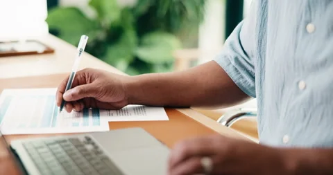Man, hands and writing with laptop in home for finance, budget planning or tax Stock Footage 337863278