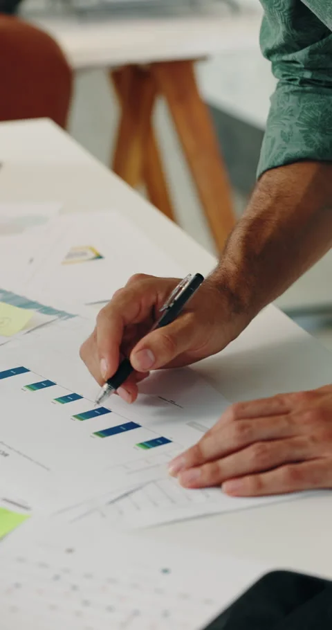Man, hands and writing in office with documents, marketing performance and data Stock Footage 336774874