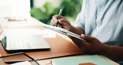Man, hands and writing with tablet in home office for web design, remote work or Stock Footage 337765439