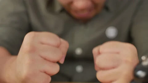 Man hands with angry gesture, hit the table, rage furious concept Stock Footage 141613737