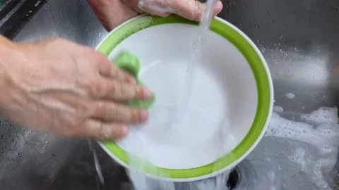 Man hands are wash white soup plate in a metallic sink in close-up Stock Footage 233593558