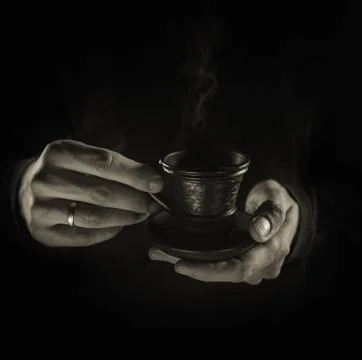 Man hands with cup of coffe close up image Stock Photos