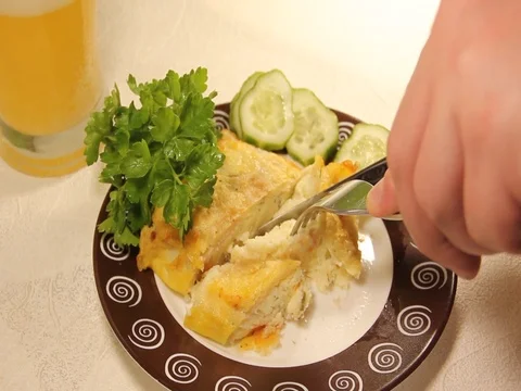 Man hands cuts meat Video stock 75609783