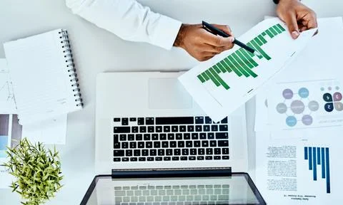 Man hands, documents and computer for data analysis, graphs and business charts Stock Photos