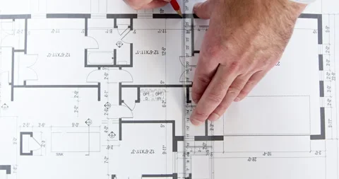Man hands draw line on building plan with pencil and ruler Stockbeeldmateriaal 243829768