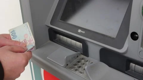 Man hands drawing some money from atm and taking and holding some cash TL Stock Footage 156300707