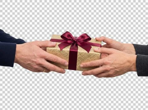 Man hands exchanging present box with dark red ribbon bow. Stock Photos