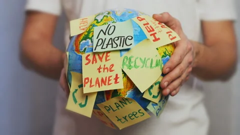 Man hands hold Earth globe with stickers Stock Footage 139198036
