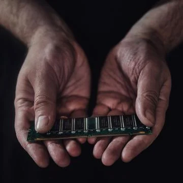 Man hands hold a green computer board with a ram memory on a black background 写真素材