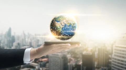 Man hands holding global network connection concept, business people connec.. Stock Photos