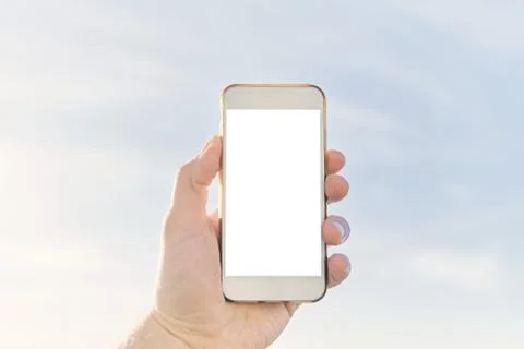 A Man hands holding smart phone with blank copy space screen Stock Photos