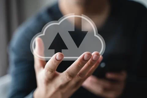 Man hands holding virtual icon cloud, Cloud Computing Technology Internet S.. Fotos Stock