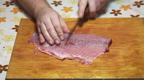 Man hands with knife making carp fillet Stock Footage 36005435