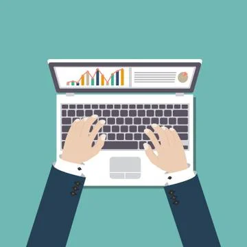 Man hands on the laptop keyboard vector illustration in flat design Illustrazione stock
