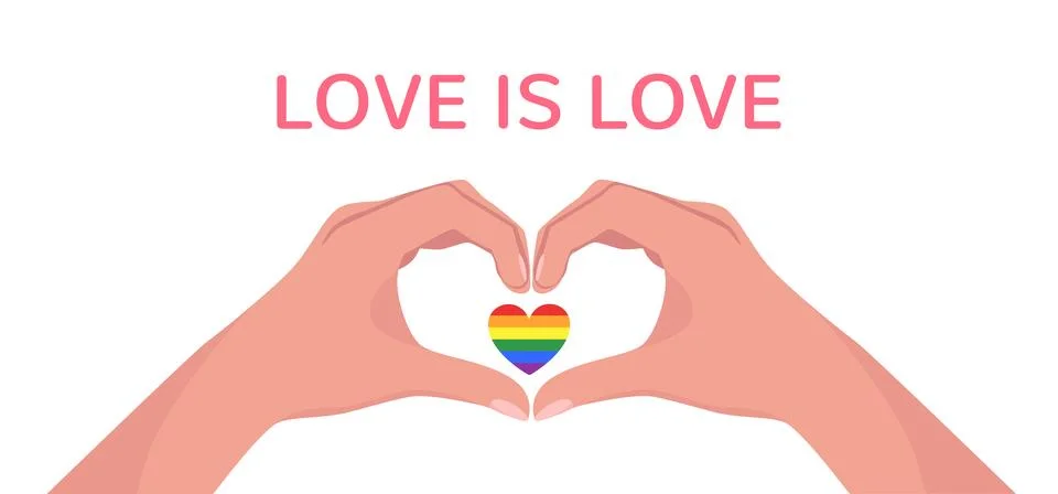 Man hands making heart shape gesture with lgbt rainbow in flat style. Web banner Stock Illustration