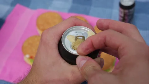Man Hands Opening Refreshing Beverage Can at Outdoor Picnic Gathering Stock Footage 342000535