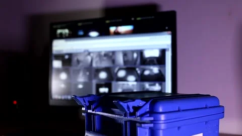 Man hands opening small blue high security level bulletproof case and taking tec Stockbeeldmateriaal 132675159