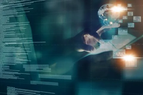 Man, hands or cloud computing tablet in night office with networking software Stock-Fotos