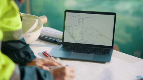 Man, hands or laptop screen with blueprint for planning, urban development or Stock Footage 336209354