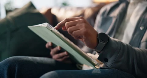 Man, hands or scroll with tablet on sofa for research, online connection or Stock Footage 314093734