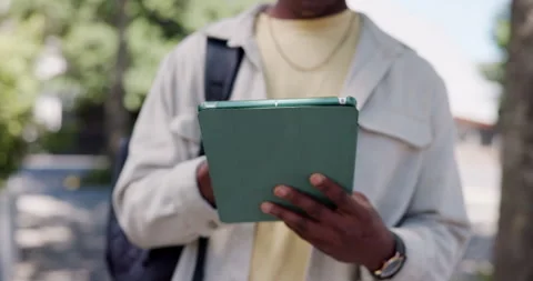 Man, hands or student outdoor with tablet for college, environmental study and Stock Footage 323316670