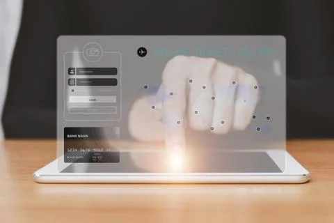 Man hands point tablet tablet with application searching air tickets on the s Stock Photos