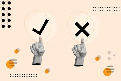 Man hands pointing black check mark and cross mark inside circles Illustrazione stock