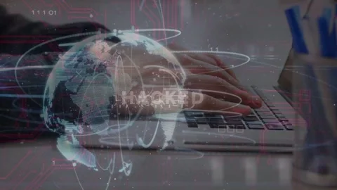 Man hands resting causing globe, typing while bits orbiting keys, HACKED Stock Footage 333925192