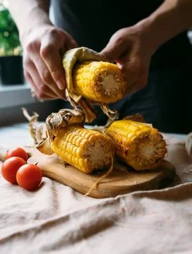 Man hands with roasted corn Stock Photos