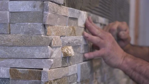Man Hands Setting Stacked Stone Tiles Close Up Stock Footage 111498707