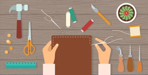 Man hands sew a leather notebook cover and tools around on a table vector icon Illustrazione stock