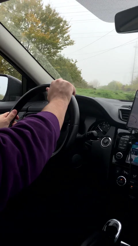 Man hands on steering wheel driving car at autumn day Stock Footage 219630083