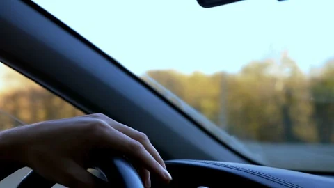 Man hands on the steering wheel while driving, outside the window there is a Stock Footage 119696661