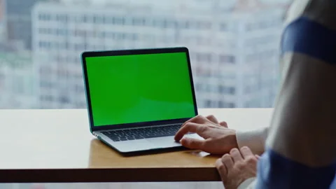 Man hands tapping chromakey computer touchpad at cityscape workplace closeup Stock Footage 335246803