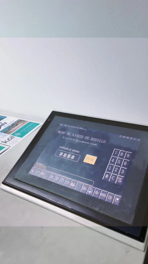 Man hands touchscreen control panel of a large format industrial printing Stock Footage 311418402