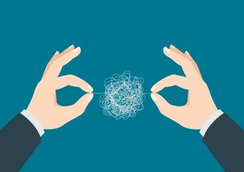 Man hands trying to untangle the tangled thread Stock Illustration