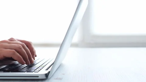 Man hands typing on a computer keyboard. Slider shot Video stock 85653781