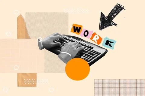 Man hands typing on a computer keyword and work single word and a black arrow イラスト素材