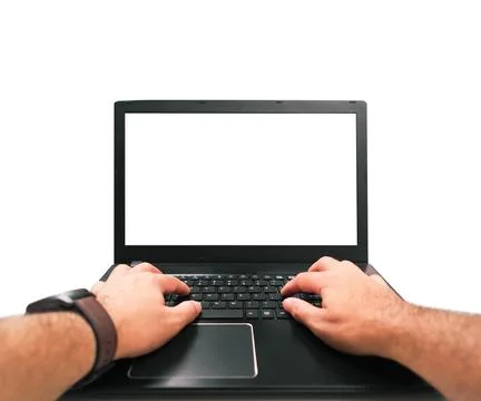 Man hands typing on a laptop computer with blank screen isolated on white b.. Stock Photos