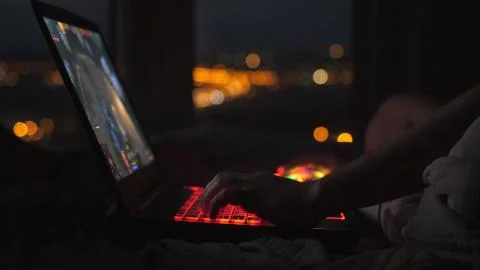 Man hands using computer laptop at home interior modern office. technology by 库存照片