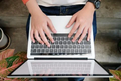 Man hands using laptop computer, people and technology, lifestyles, top view Stock Photos