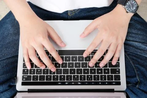 Man hands using laptop computer, people and technology, lifestyles, top view Stock Photos