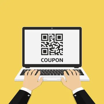 Man hands using laptop with coupon QR code on screen. Vector illustration. Stock Illustration