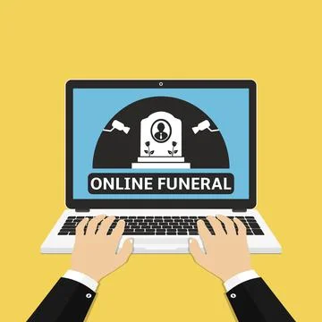 Man hands using laptop with online broadcast of funeral. Vector illustration Stock Illustration