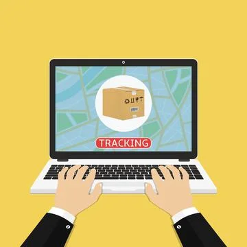 Man hands using laptop for online parcel tracking. Flat design Stock Illustration