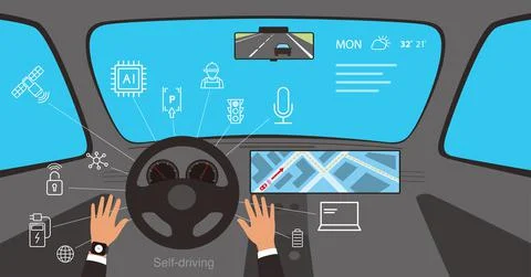 Man hands up, using a modern self-driving car Illustrazione stock