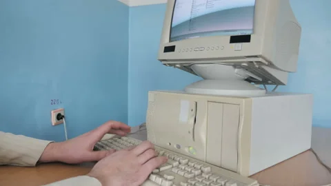 Man Hands Using Retro Computer, Online Working From Home Stock-Footage 126341693