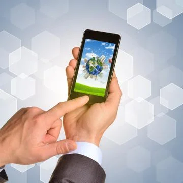 Man hands using smart phone. Image of Earth and buildings on screen Stock Illustration
